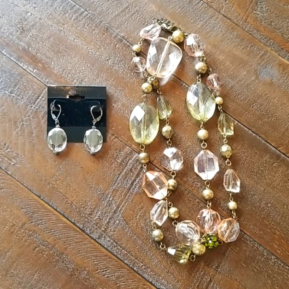 Green, Peach & Clear Brass Necklace / Earrings